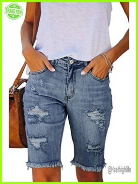 Mid Rise Stretchy Ripped Denim Bermuda Shorts 10 Inch Inseam Slim Fit
